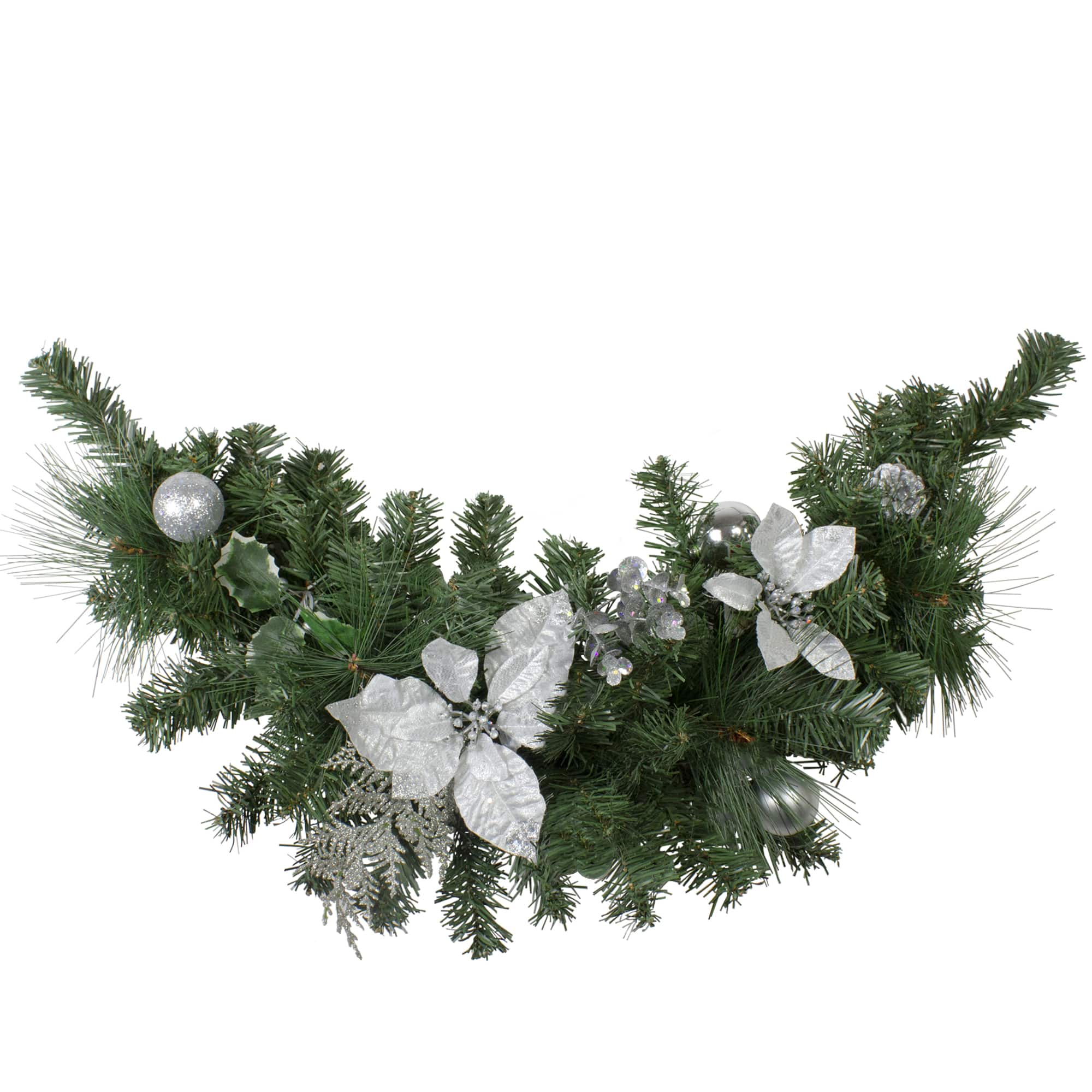 30" Unlit Poinsettia, Pine Cone & Ball Swag, Silver